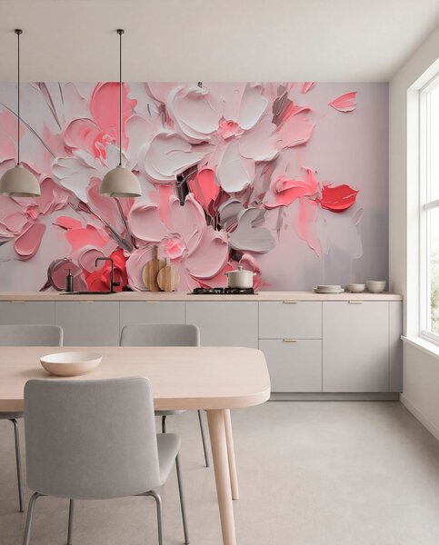 Tapet Flori volumetrice abstracte în stilul picturii în ulei, Fototapet 3D, Fototapet 3D Flori, w03582v3 : Uwalls.ro