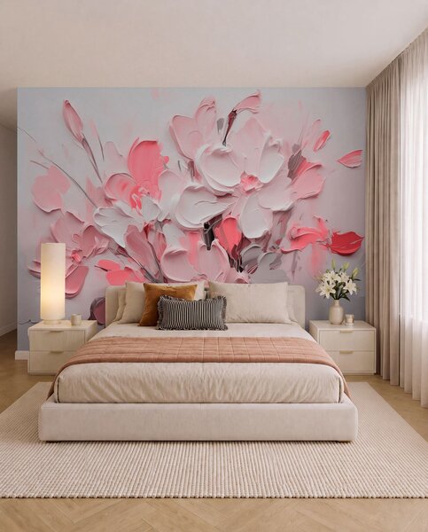 Tapet Flori volumetrice abstracte în stilul picturii în ulei, Fototapet 3D, Fototapet 3D Flori, w03582v3 : Uwalls.ro
