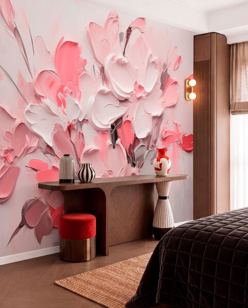 Tapet Flori volumetrice abstracte în stilul picturii în ulei, Fototapet 3D, Fototapet 3D Flori, w03582v3 : Uwalls.ro