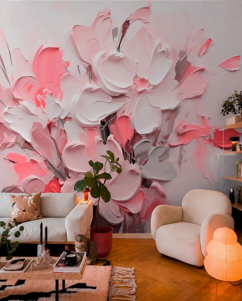 Tapet Flori volumetrice abstracte în stilul picturii în ulei, Fototapet 3D, Fototapet 3D Flori, w03582v3 : Uwalls.ro