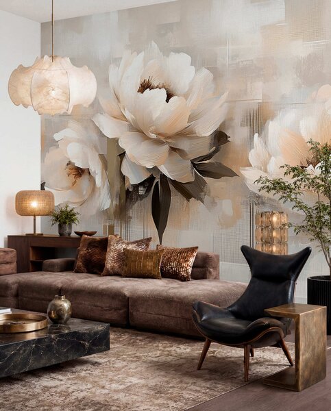 Tapet Alb Abstract Vintage Peonies, Fototapet Flori, w03581 : Uwalls.ro