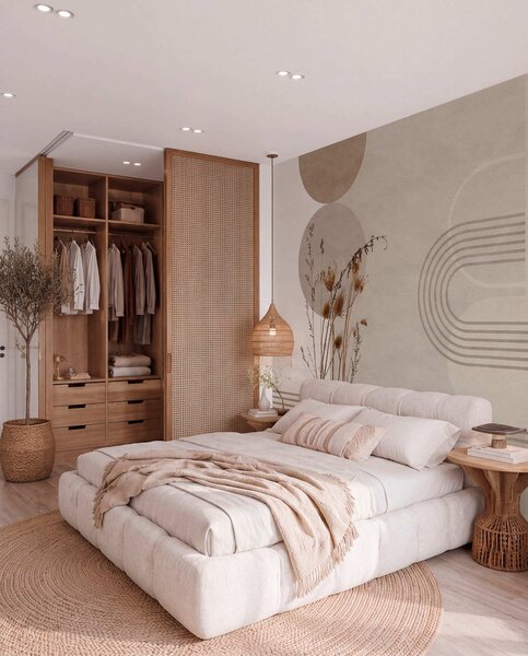 Tapet geometrie elegantă și flori uscate în tonuri de bej, Fototapet Boho, w03449 : Uwalls.ro