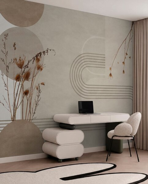 Tapet geometrie elegantă și flori uscate în tonuri de bej, Fototapet Boho, w03449 : Uwalls.ro