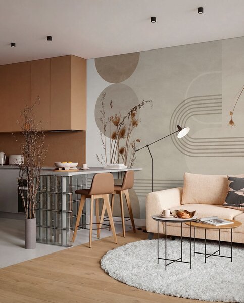 Tapet geometrie elegantă și flori uscate în tonuri de bej, Fototapet Boho, w03449 : Uwalls.ro