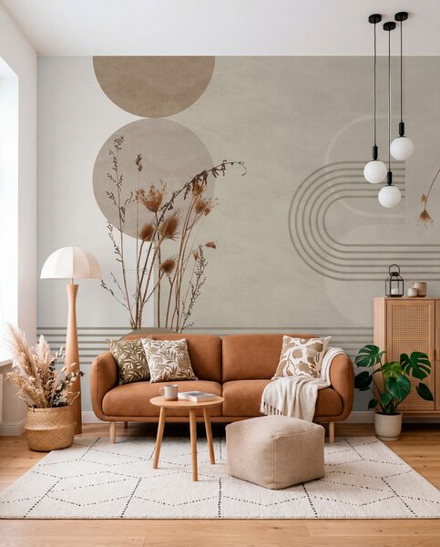 Tapet geometrie elegantă și flori uscate în tonuri de bej, Fototapet Boho, w03449 : Uwalls.ro