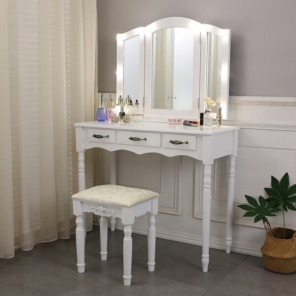 SEA76 - Set Masa toaleta, 90 cm, cosmetica, masa machiaj cu oglinda LED si scaun, masuta vanity - Alb