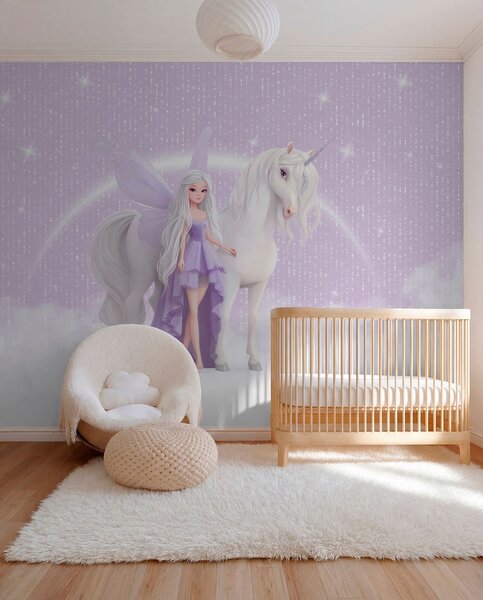 Tapet O zână cu un unicorn printre nori, Fototapet Pentru Copii, Fototapet pentru camera unei fete, w03527 : Uwalls.ro
