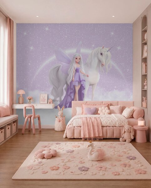 Tapet O zână cu un unicorn printre nori, Fototapet Pentru Copii, Fototapet pentru camera unei fete, w03527 : Uwalls.ro