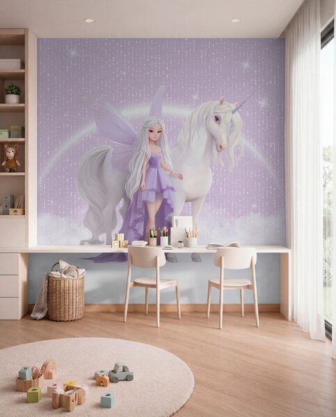 Tapet O zână cu un unicorn printre nori, Fototapet Pentru Copii, Fototapet pentru camera unei fete, w03527 : Uwalls.ro