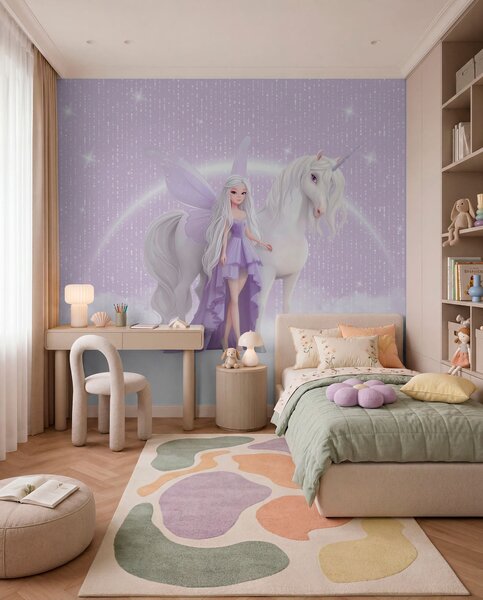 Tapet O zână cu un unicorn printre nori, Fototapet Pentru Copii, Fototapet pentru camera unei fete, w03527 : Uwalls.ro