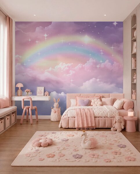Tapet Curcubeu în nori, Fototapet Pentru Copii, Rainbow pentru copiilor, w04146 : Uwalls.ro