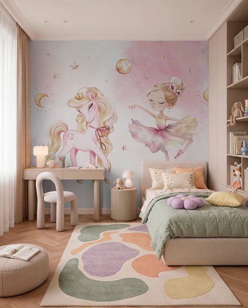 Tapet Unicorn și balerină într-un basm roz, poveste pentru copii, Fototapet Pentru Copii, w04196 : Uwalls.ro
