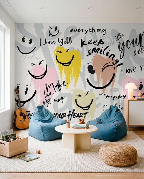 Tapet Emoticoane și inscripții, Fototapet pentru camera unui adolescent, w04174 : Uwalls.ro