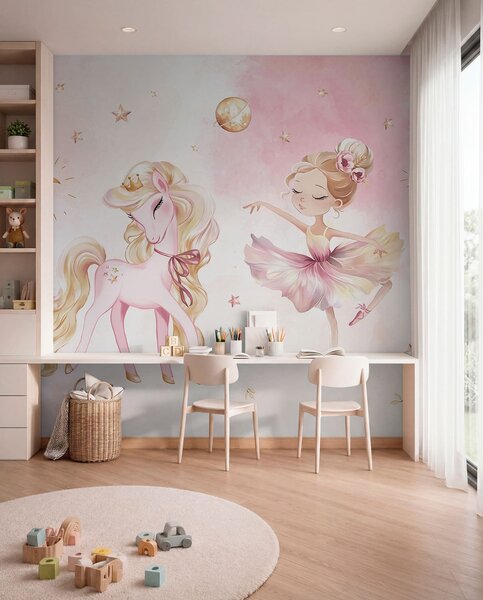 Tapet Unicorn și balerină într-un basm roz, poveste pentru copii, Fototapet Pentru Copii, w04196 : Uwalls.ro