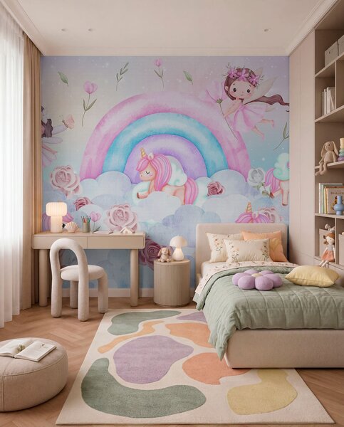 Tapet Zâne și unicorni printre nori și curcubee, Fototapet Pentru Copii, Rainbow pentru copiilor, w04371 : Uwalls.ro