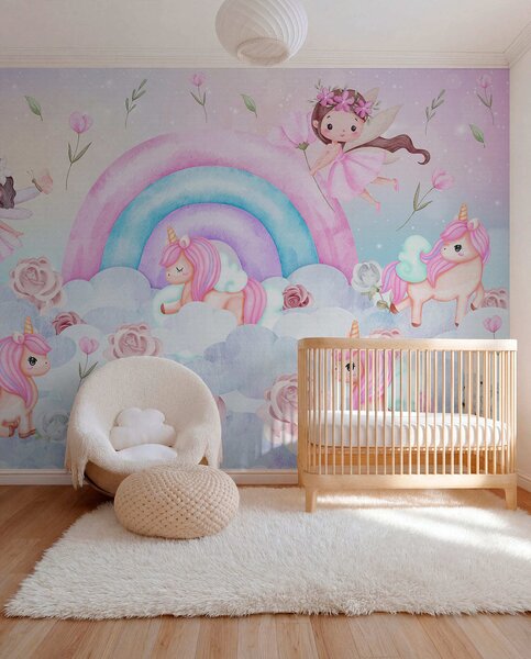 Tapet Zâne și unicorni printre nori și curcubee, Fototapet Pentru Copii, Rainbow pentru copiilor, w04371 : Uwalls.ro