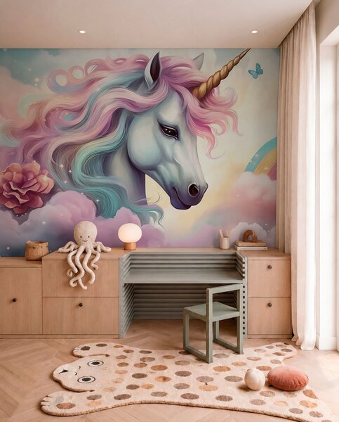 Tapet Unicorn pe un cer înnorat cu un curcubeu, Fototapet Pentru Copii, Fototapet pentru camera unei fete, w04372 : Uwalls.ro