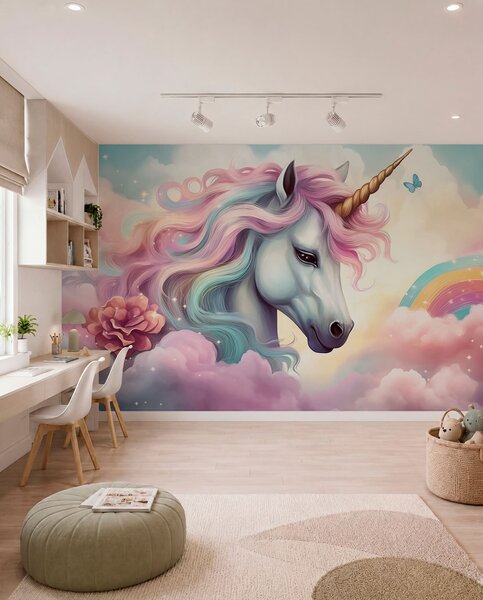 Tapet Unicorn pe un cer înnorat cu un curcubeu, Fototapet Pentru Copii, Fototapet pentru camera unei fete, w04372 : Uwalls.ro