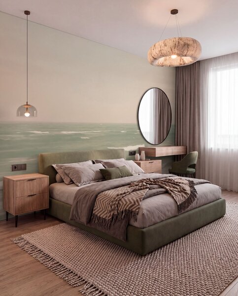 Tapet Peisaj marin moale roz-verde cu valuri blânde, Fototapet Marea, w04348 : Uwalls.ro