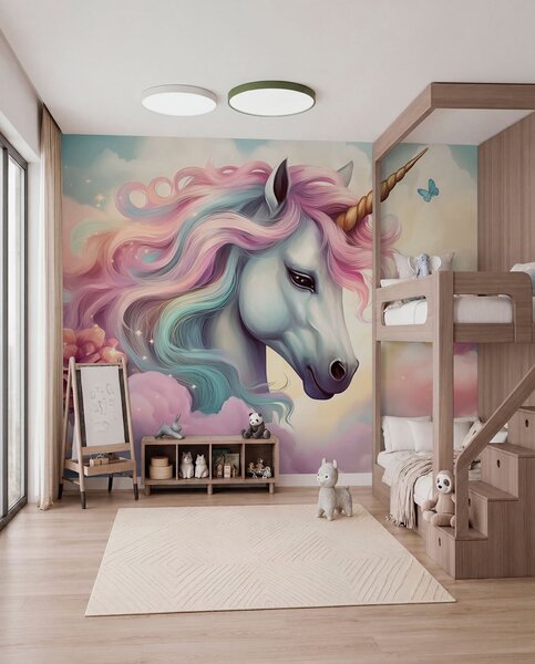 Tapet Unicorn pe un cer înnorat cu un curcubeu, Fototapet Pentru Copii, Fototapet pentru camera unei fete, w04372 : Uwalls.ro