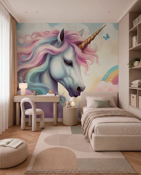 Tapet Unicorn pe un cer înnorat cu un curcubeu, Fototapet Pentru Copii, Fototapet pentru camera unei fete, w04372 : Uwalls.ro