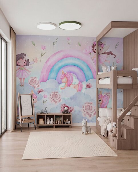 Tapet Zâne și unicorni printre nori și curcubee, Fototapet Pentru Copii, Rainbow pentru copiilor, w04371 : Uwalls.ro