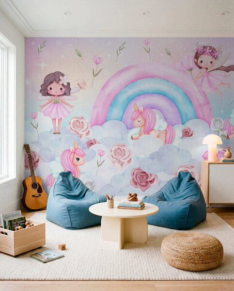Tapet Zâne și unicorni printre nori și curcubee, Fototapet Pentru Copii, Rainbow pentru copiilor, w04371 : Uwalls.ro