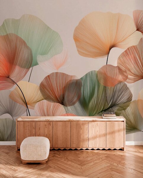 Tapet frunze de ginkgo multicolore cu vene, Fototapet Natură, Fototapet Frunze, w04305 : Uwalls.ro