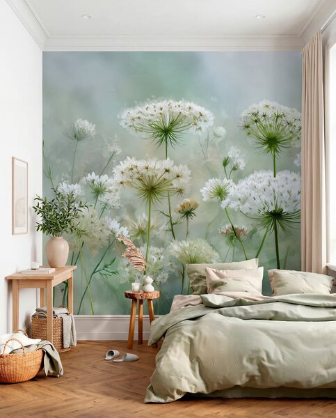 Tapet flori sălbatice albe delicate Regina Anne, într-un stil pitoresc, tonuri verzi, Fototapet Acuarelă, w04313 : Uwalls.ro
