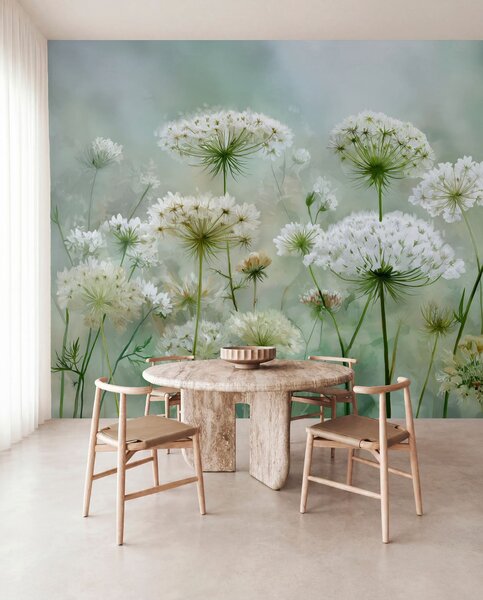 Tapet flori sălbatice albe delicate Regina Anne, într-un stil pitoresc, tonuri verzi, Fototapet Acuarelă, w04313 : Uwalls.ro