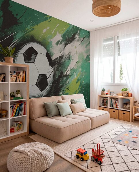 Tapet Minge de fotbal cu graffiti neclare în fundal, Fototapet pentru camera unui adolescent, Fototapet Fotbal, w04467 : Uwalls.ro