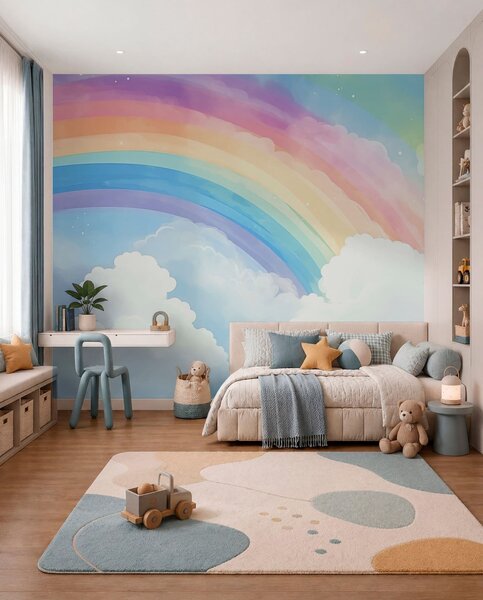 Tapet Curcubeu pe cer, Fototapet Pentru Copii, Rainbow pentru copiilor, w04487 : Uwalls.ro