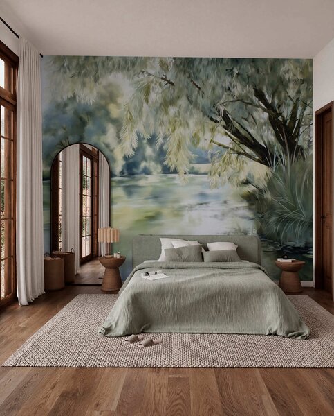 Tapet copac în stil acuarelă deasupra lacului, Fototapet Natură, w04501 : Uwalls.ro