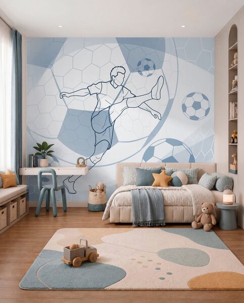 Tapet Jucător de fotbal și mingi, Fototapet pentru camera unui adolescent, Fototapet Fotbal, w04601 : Uwalls.ro