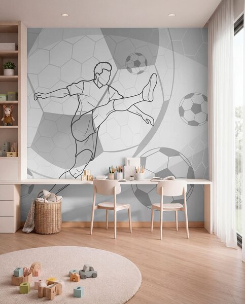 Tapet Jucător de fotbal și mingi, Fototapet pentru camera unui adolescent, Fototapet Fotbal, w04601v1 : Uwalls.ro