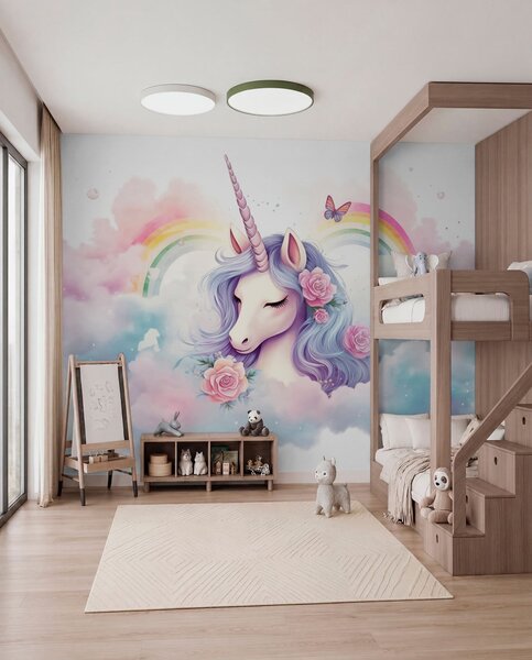 Tapet Unicorn pastelat în nori cu curcubeu și trandafiri, Fototapet Pentru Copii, Fototapet Unicorni, w03990 : Uwalls.ro
