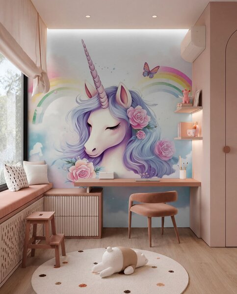 Tapet Unicorn pastelat în nori cu curcubeu și trandafiri, Fototapet Pentru Copii, Fototapet Unicorni, w03990 : Uwalls.ro