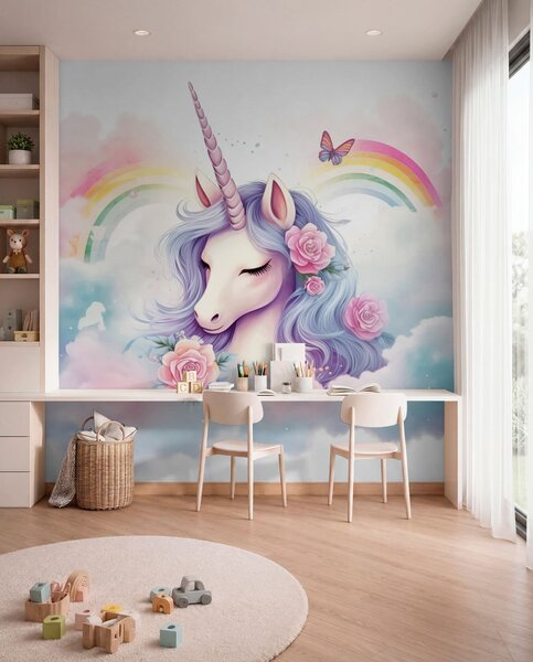 Tapet Unicorn pastelat în nori cu curcubeu și trandafiri, Fototapet Pentru Copii, Fototapet Unicorni, w03990 : Uwalls.ro
