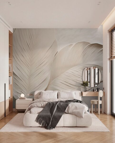 Tapet Frunze bej în relief cu umbre delicate, Fototapet Natură, Fototapet Frunze, w04614 : Uwalls.ro