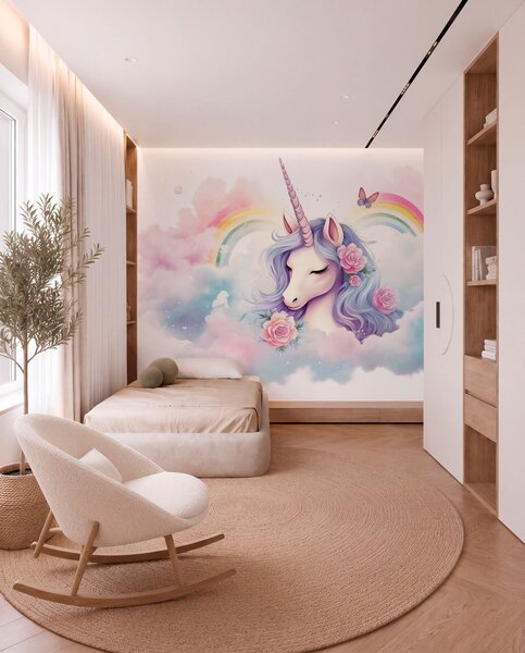Tapet Unicorn pastelat în nori cu curcubeu și trandafiri, Fototapet Pentru Copii, Fototapet Unicorni, w03990 : Uwalls.ro