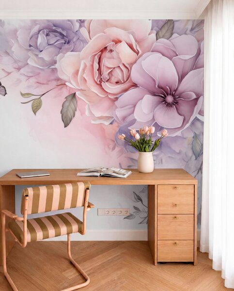 Tapet Flori delicate de culoare roz și liliac cu un fluture, Fototapet Flori, w04711 : Uwalls.ro