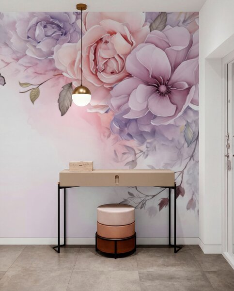 Tapet Flori delicate de culoare roz și liliac cu un fluture, Fototapet Flori, w04711 : Uwalls.ro
