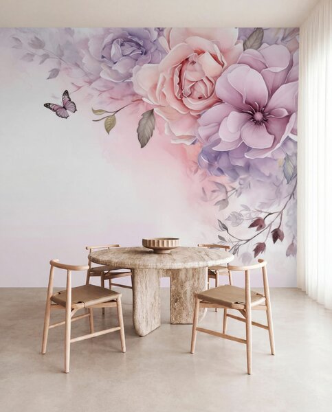 Tapet Flori delicate de culoare roz și liliac cu un fluture, Fototapet Flori, w04711 : Uwalls.ro