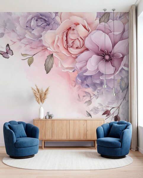 Tapet Flori delicate de culoare roz și liliac cu un fluture, Fototapet Flori, w04711 : Uwalls.ro