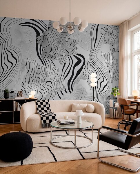 Tapet forme organice abstracte în stil 3D în tonuri de alb și gri cu dungi negre, Fototapet alb-negru, w04627 : Uwalls.ro