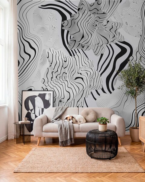 Tapet forme organice abstracte în stil 3D în tonuri de alb și gri cu dungi negre, Fototapet alb-negru, w04627 : Uwalls.ro