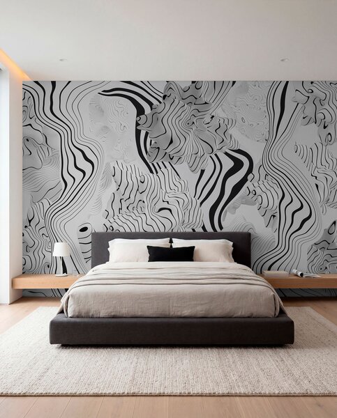Tapet forme organice abstracte în stil 3D în tonuri de alb și gri cu dungi negre, Fototapet alb-negru, w04627 : Uwalls.ro