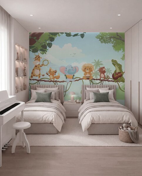 Tapet Animale cu instrumente muzicale pe fundalul unui peisaj tropical, Fototapet Animale, w04505 : Uwalls.ro