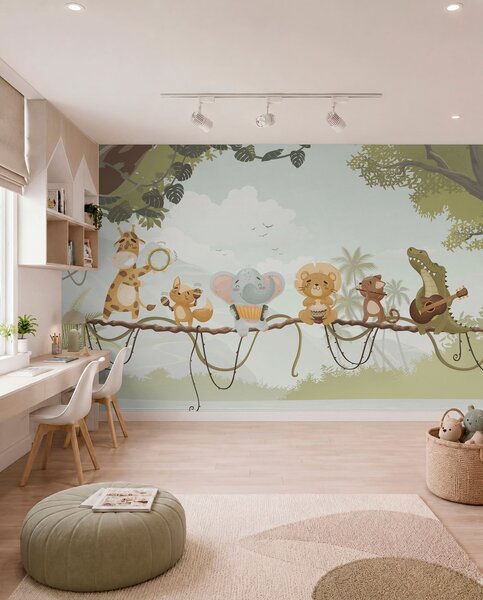 Tapet Animale cu instrumente muzicale pe fundalul unui peisaj tropical, Fototapet Animale, w04505v1 : Uwalls.ro