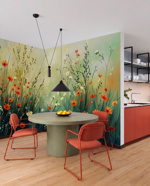 Tapet Flori și ierburi de câmp în stil pictural delicat, Fototapet Natură, w05015 : Uwalls.ro